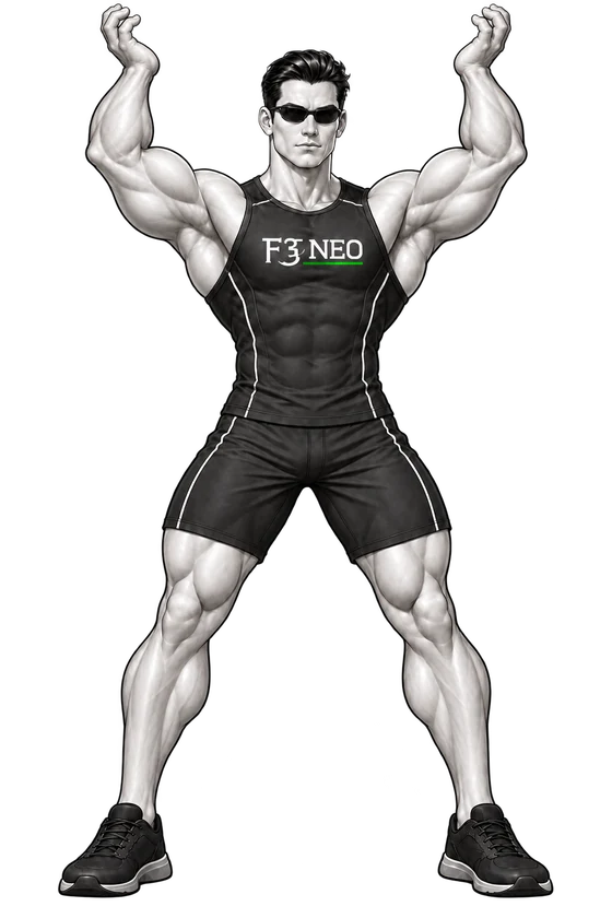 Neo holding the animated F3 globe overhead in a strongman stance